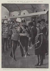 La visita del Shah de Persia a Gran Bretaña, la llegada del Shah a Londres, Su Majestad presentando a los miembros de su séquito al Príncipe de Gales en la estación Victoria, 18 de agosto